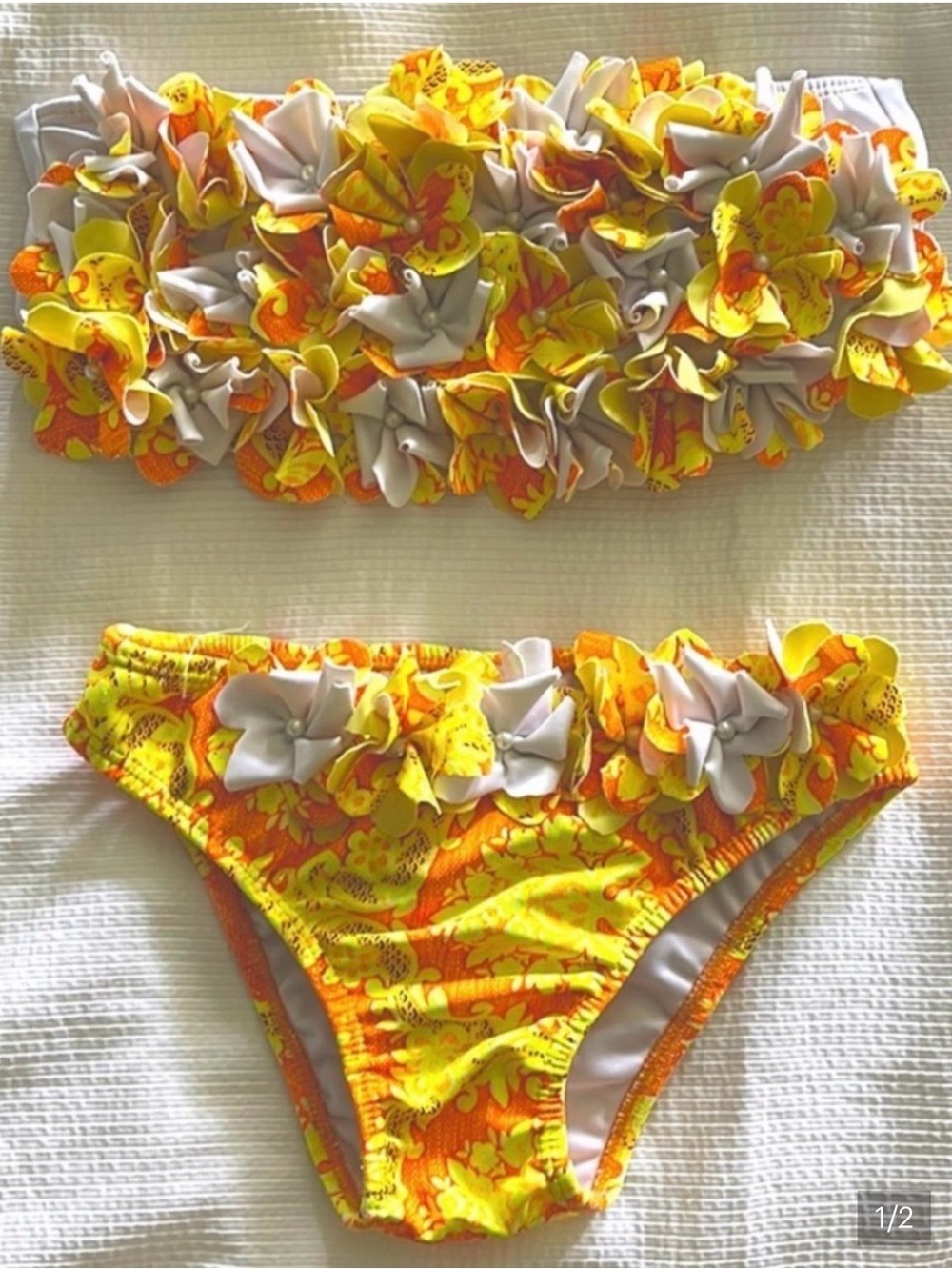 Arena Blanca Girls Floral Bikini Swimsuit Size 12 Yellow Orange Ruffle Bandeau